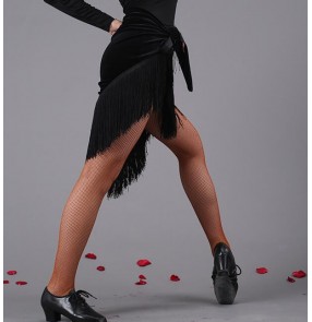 Black velvet fringes triangle hip scarf competition performance latin dance wrap skirts one size